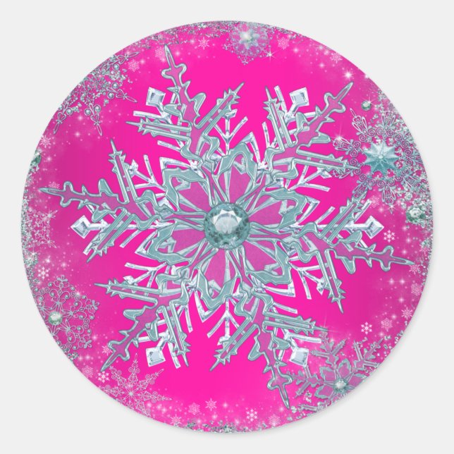 Hot Pink Teal Blue Snowflake Stickers (Front)