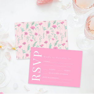 Hot Pink Teal Floral Retro Wedding RSVP Cards