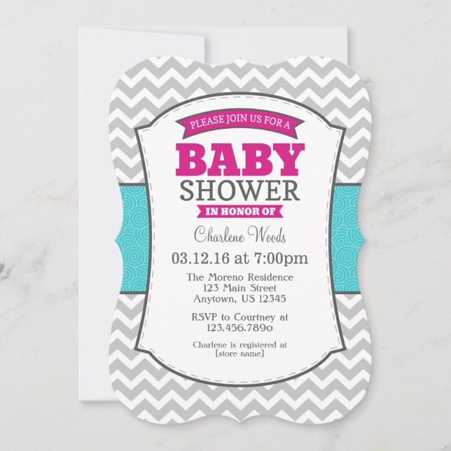 Hot Pink Teal Grey Chevron Baby Shower Invitation (Front)