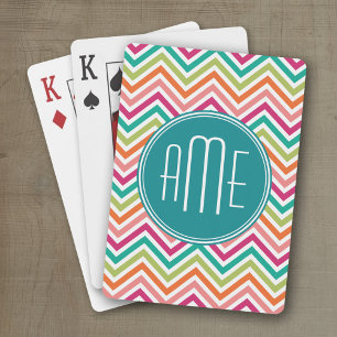 Hot Pink Teal Orange Chevrons Custom Monogram Playing Cards