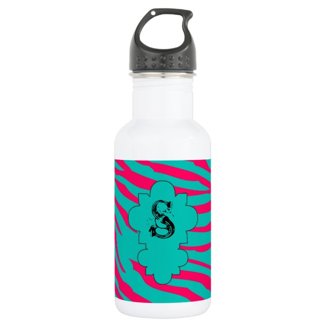 Hot Pink Teal Zebra Print 32. oz. 532 Ml Water Bottle (Front)