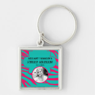 Hot Pink Teal Zebra Print Animal Patter Key Chain