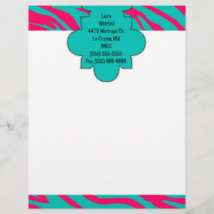 Hot Pink Teal Zebra Print Letterhead Stationery