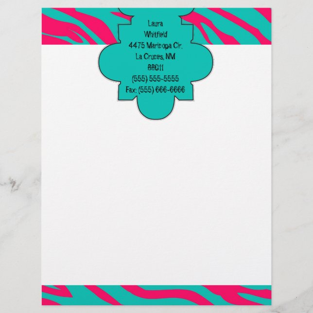 Hot Pink Teal Zebra Print Letterhead Stationery (Front)