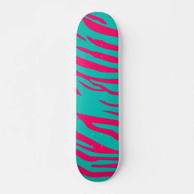 Hot Pink Teal Zebra Print Old School Skateboard (Front)