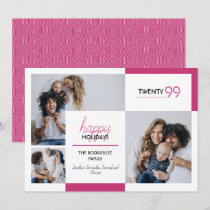 Hot Pink Three-Photo Happy Holidays Holiday Card
