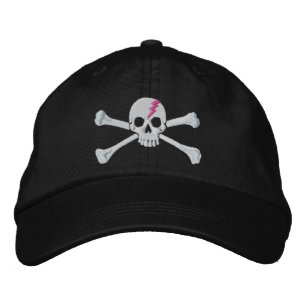 Hot Pink Thunderbolt Crossbones Skull Embroidery Embroidered Hat