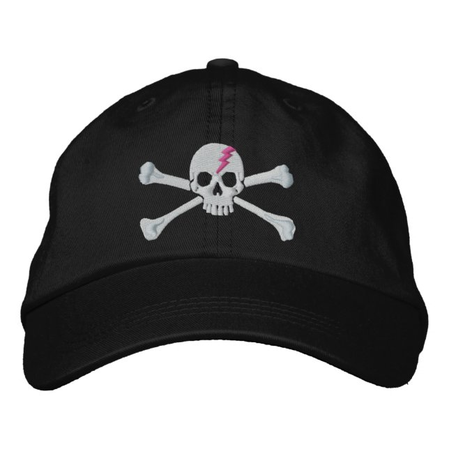 Hot Pink Thunderbolt Crossbones Skull Embroidery Embroidered Hat (Front)