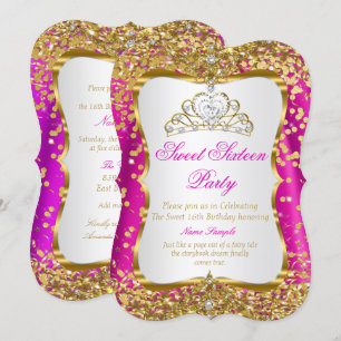 Hot Pink Tiara Princess Sweet 16 Gold White Invite