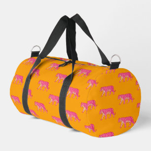 Hot Pink Tiger on Bold Orange Boho Pattern Duffle Bag