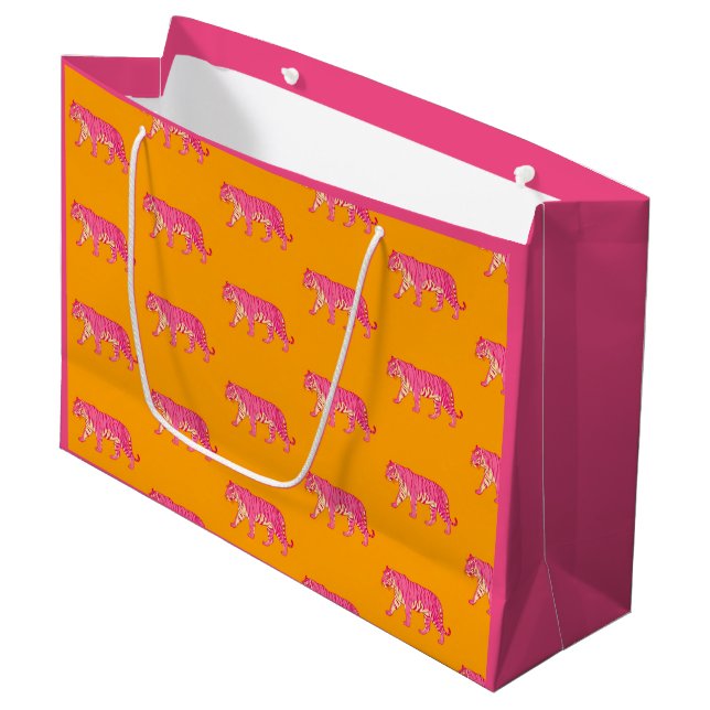Hot Pink Tiger on Bold Orange Boho Pattern Large Gift Bag (Front Angled)