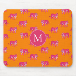 Hot Pink Tiger on Bold Orange Boho Pattern Mouse Pad