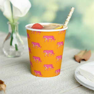 Hot Pink Tiger on Bold Orange Boho Pattern Paper Cups