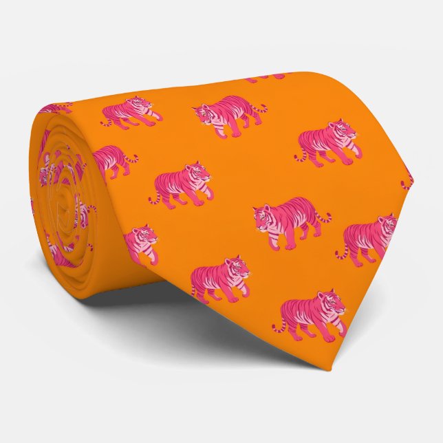 Hot Pink Tiger on Bold Orange Boho Pattern Tie (Rolled)