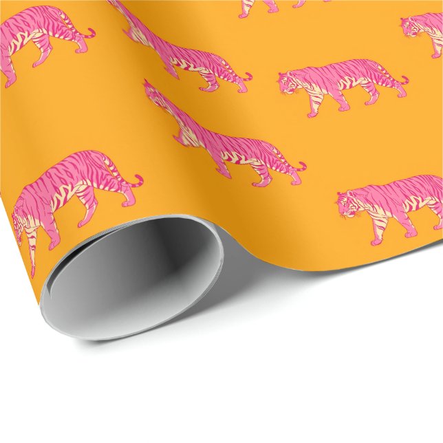 Hot Pink Tiger on Bold Orange Boho Pattern Wrapping Paper (Roll Corner)