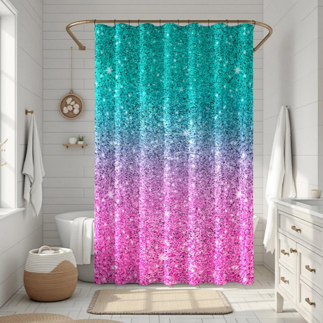 Hot-pink to turquoise faux glitter ombre shower curtain (Creator Uploaded)