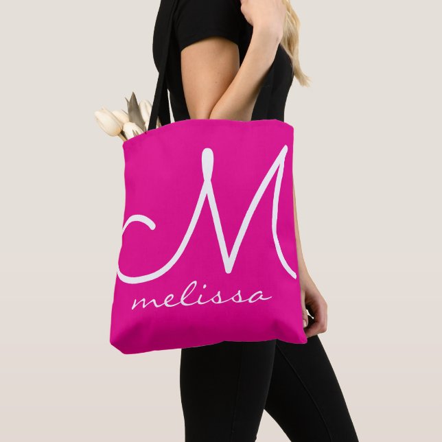 Hot Pink Tote Bag with Her Name (Close Up)