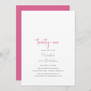 Hot Pink Trendy Modern Minimalist 21st Birthday Invitation