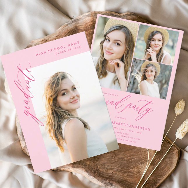Hot Pink Trendy Photo Graduation Party Invitation (Creator Uploaded)