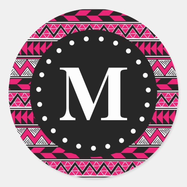 Hot Pink Tribal Chevron Pattern Monogram Classic Round Sticker (Front)