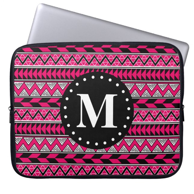 Hot Pink Tribal Chevron Pattern Monogram Laptop Sleeve (Front)