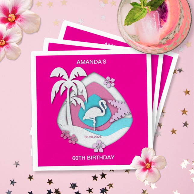 Hot Pink Tropical Flamingo 60th Birthday Party Napkin (Creator Uploaded)