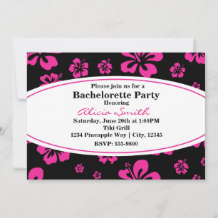 Hot Pink Tropical Hibiscus Floral Black Invitation