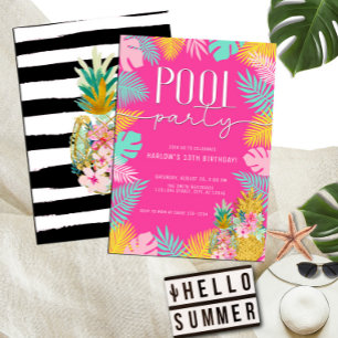 Hot Pink Tropical Luau Pool Party Birthday Invitation