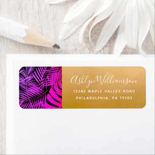 Hot pink tropical palm leaf script gold address return address label