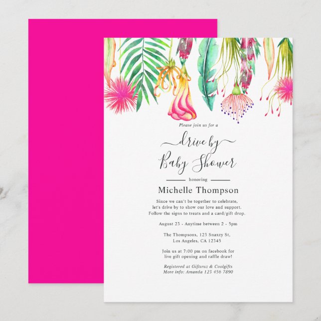 Hot-Pink Tropical Summer Drive By Shower Invitation (Front/Back)