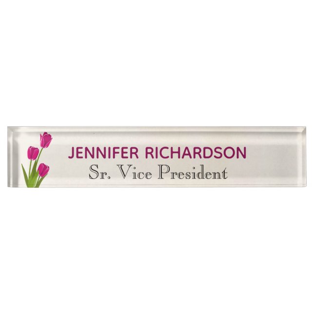 Hot Pink Tulips on Watercolor Nameplate (Front)