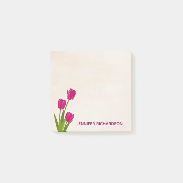 Hot Pink Tulips On Watercolor Personalised Post-it Notes (Front)