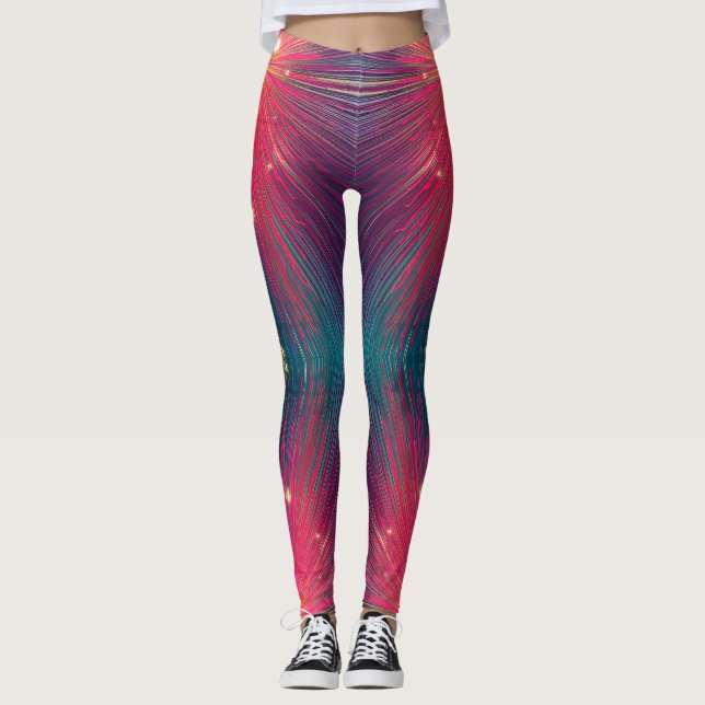 Hot pink turquoise abstract lines pattern modern leggings (Front)