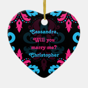 Hot pink turquoise and black damask proposal ceramic ornament