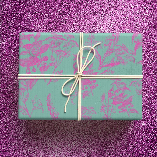 Hot Pink & Turquoise Wildflower Line Art  Wrapping Paper Sheet (Creator Uploaded)