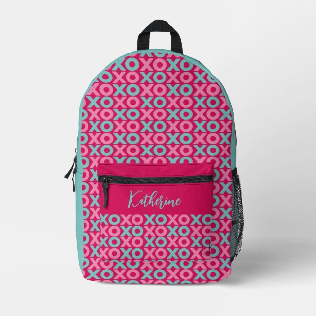 Hot Pink & Turquoise XO Kisses Hugs Personalised Printed Backpack (Front)