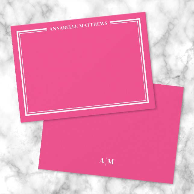 Hot Pink Two Border Minimalist Name Monogram Card (Hot Pink Two Border Minimalist Name Monogram Note Card)