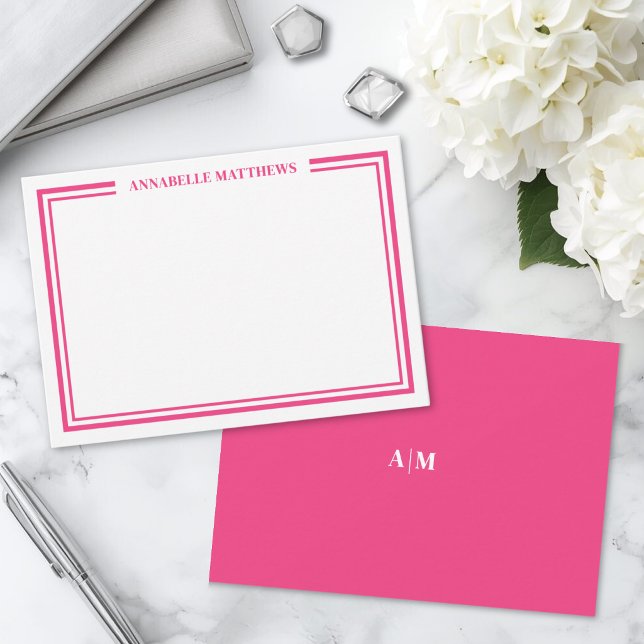 Hot Pink Two Border Minimalist Name Monogram Card (Hot Pink Two Border Minimalist Name Monogram Note Card)