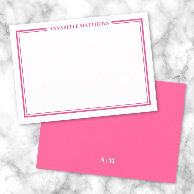Hot Pink Two Border Minimalist Name Monogram Card (Hot Pink Two Border Minimalist Name Monogram Note Card)