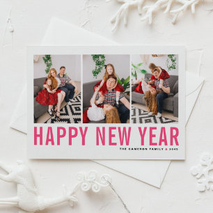 Hot Pink Typography Photo Collage Happy New Year Holiday Card