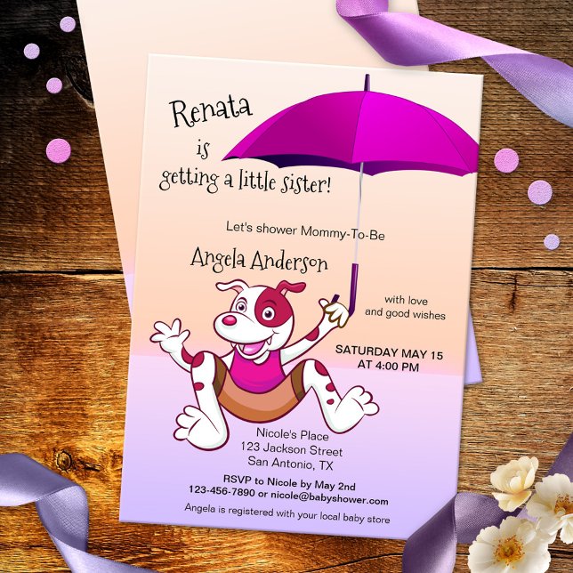Hot Pink Umbrella Funny Dog Baby Shower Invitation (funny baby shower invitation featuring a happily jumping dog with fuchsia hot pink umbrella )