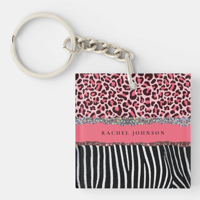 Hot Pink Unique Glitter Leopard Print Luxury  Key Ring (Front)