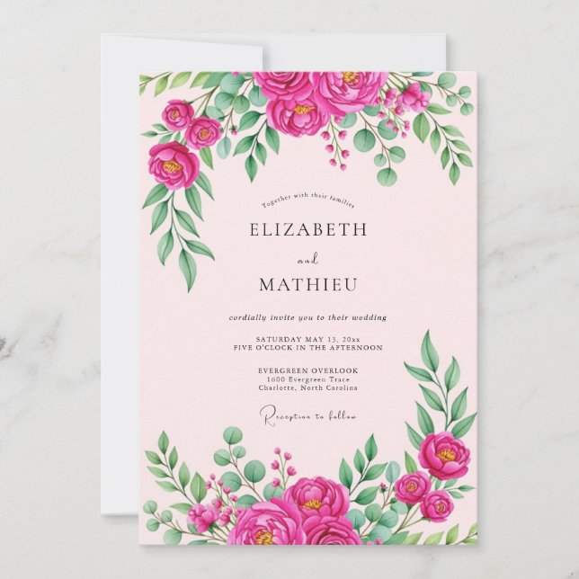 Hot Pink Vibrant Botanical Wedding Invitation (Front)