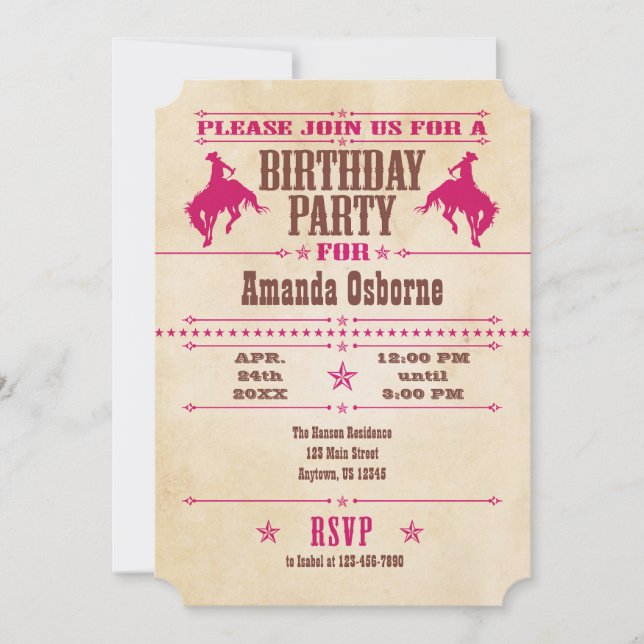 Hot Pink Vintage Cowboy Birthday Invitation (Front)