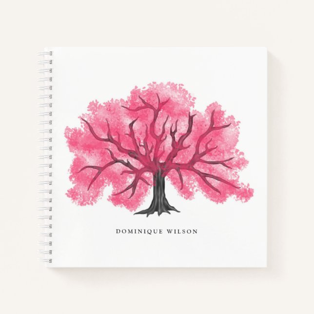 Hot Pink Watercolor Cherry Blossom Tree Notebook (Front)