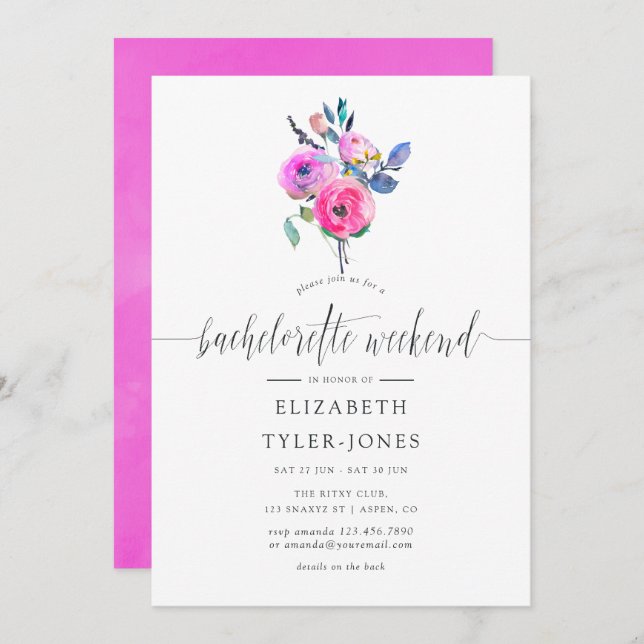 Hot-Pink Watercolor Floral Bachelorette Weekend Invitation (Front/Back)