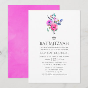 Hot-Pink Watercolor Floral Bat Mitzvah Invitation
