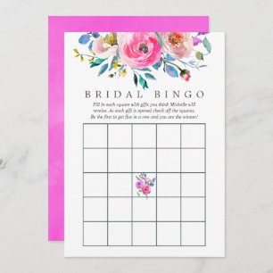 Hot-Pink Watercolor Floral Bridal Shower Bingo Invitation