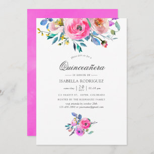 Hot-Pink Watercolor Floral Quinceañera Invitation