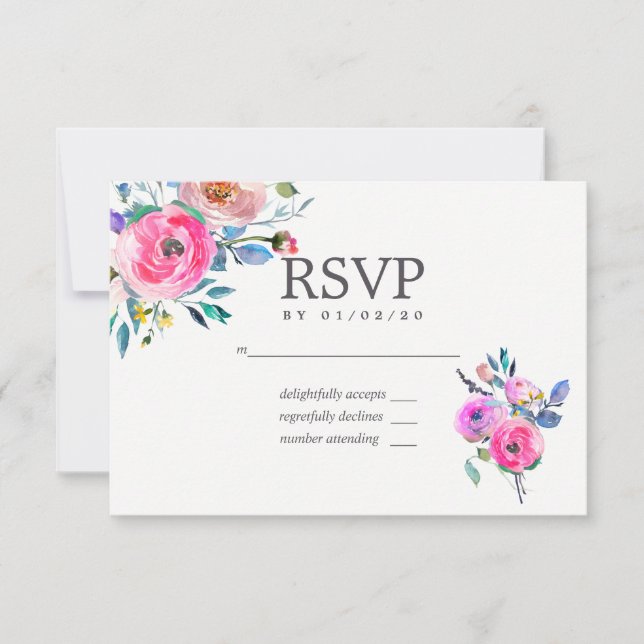 Hot-Pink Watercolor Floral Wedding RSVP Card (Front)